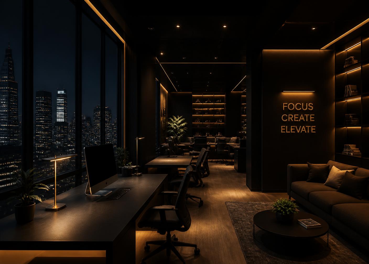 Área de coworking con vista a la ciudad de noche